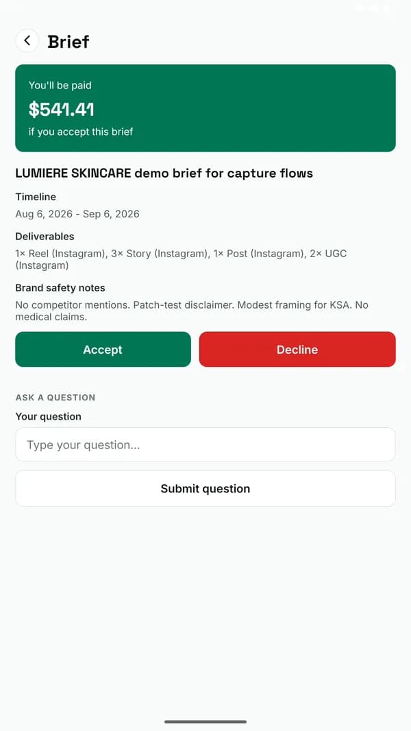 A brief in the Omnicrea app showing the payout before accepting