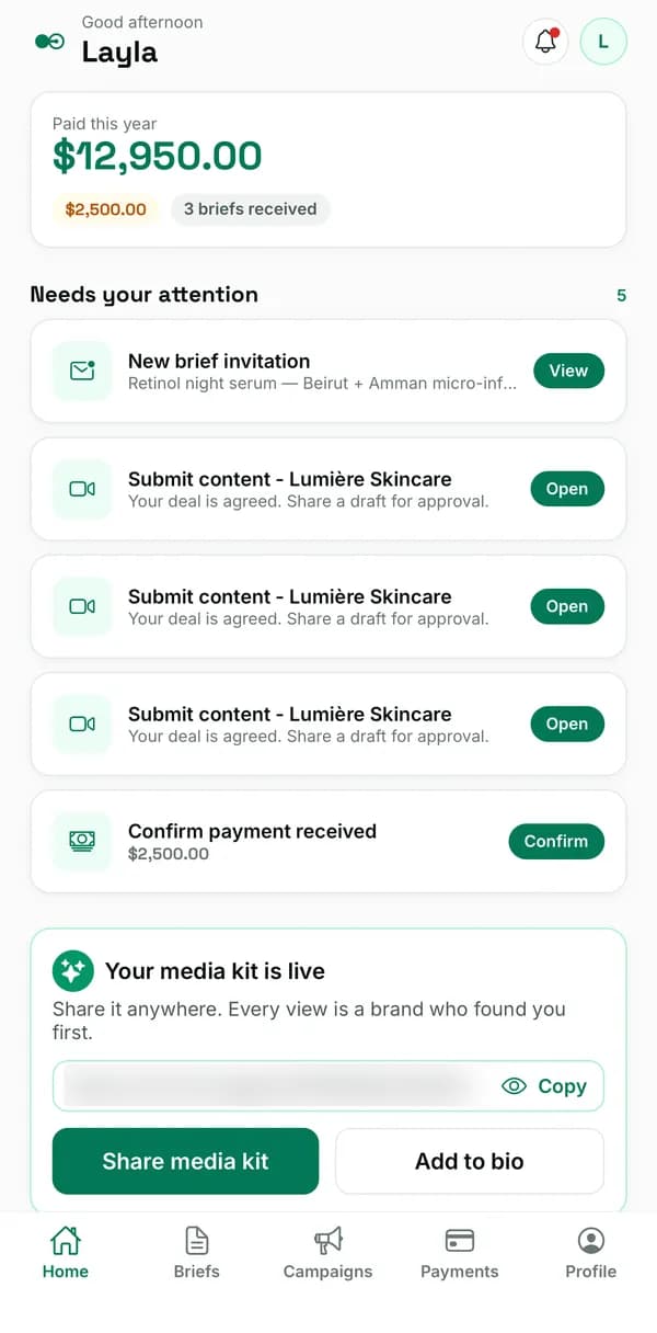 Layla's creator dashboard in the Omnicrea app